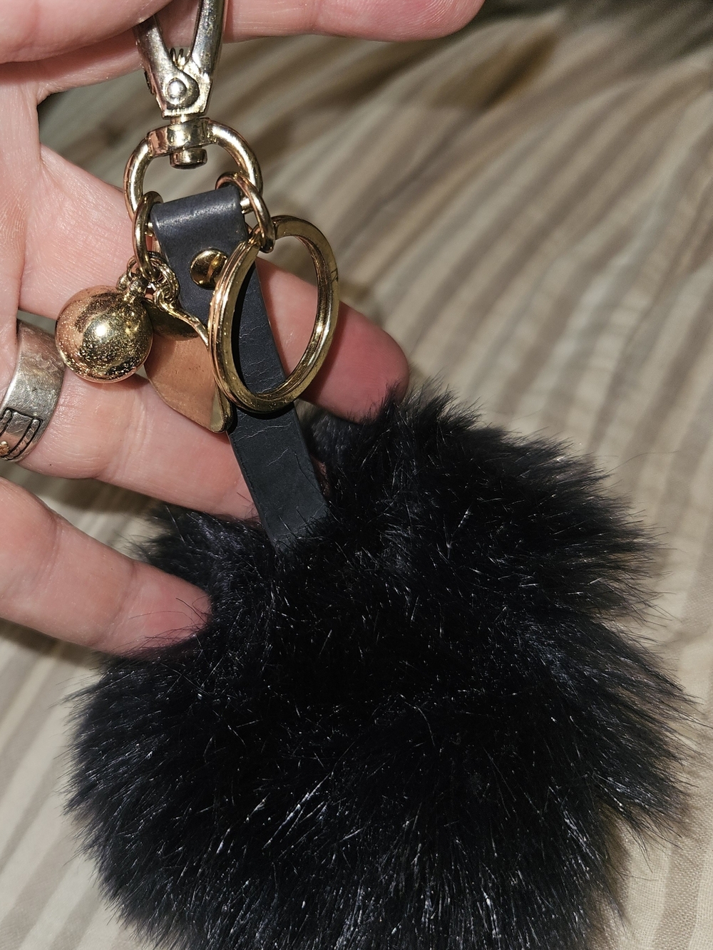 Navy Faux Fur Pom Keychain with Gold Hardware